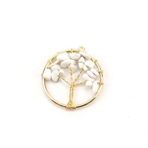 Detail of life tree pendant with gold copper wire and white natural crushed stones