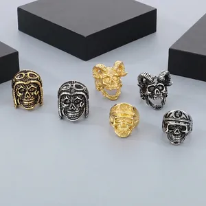 Vintage Punk Skull Ring Stainless Steel Goat Horn Pilot Goggles Military Officer Hat Gothic Biker Jewelry For Men