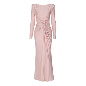 Elegant pink long-sleeved maxi dress with waist knot detail and structured shoulders