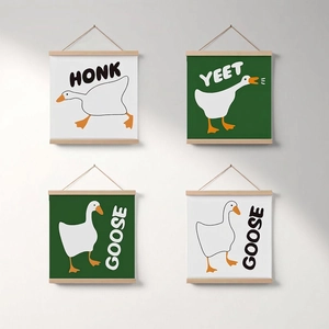 Goose Cartoon Scroll Wall Hanging Decorative Canvas Art Wood Frame Funny Animal Poster For Bedroom Living Room