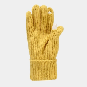 Detail of ginger yellow knitted gloves with functional thumb and index finger openings