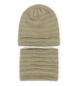 Detail of khaki striped knit beanie and neck warmer set with thick texture and lining