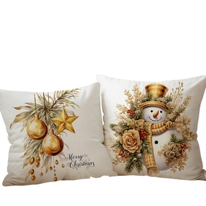 Set of two beige linen Christmas pillow covers with gold snowman and star prints