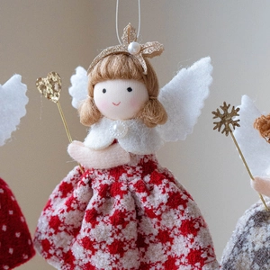 Christmas plush angel doll pendant in red plaid dress with white wings for holiday decor