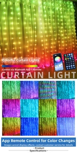 RGB LED curtain lights showing 12 color variations controlled by Bluetooth app and remote