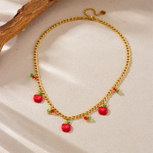 Gold-plated stainless steel necklace with red apple charms and vibrant green beads