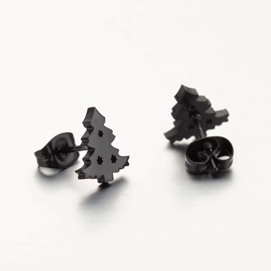 Minimalist black stainless steel Christmas tree stud earrings on a white background