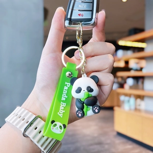 Cute cartoon panda keychain with bamboo charm and green Panda Baby silicone wrist strap