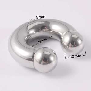 Detailed macro of 8mm stainless steel horseshoe ring showing 16mm diameter and 10mm ball ends