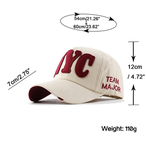 Size chart showing dimensions for the NYC embroidered baseball cap with 54-60cm head circumference