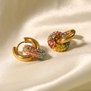 18k gold plated hoop earrings featuring colorful crystal rhinestones on silk background