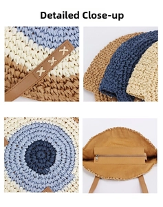Detail of round straw beach bag featuring colorful patchwork weave and interior zipper pocket