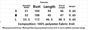 Detailed size chart for women's chunky knit sweater featuring sleeve and chest measurements