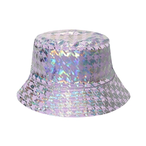 Iridescent purple houndstooth bucket hat with holographic laser finish for women