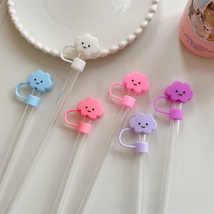 Detailed view of cloud-shaped silicone straw covers in six various pastel colors