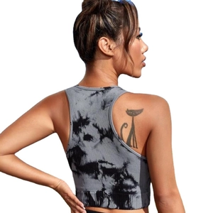 Tie-dye grey seamless rib-knit sports tank top with racerback design for women