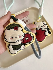 Cute cartoon white plush cat charms with embroidery details for keychains and bags