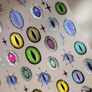 3D Fantasy Evil Eye nail stickers with metallic glitter and colorful resin cat eye designs