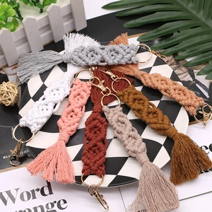 Handmade woven cotton rope keychain set with tassel charms and golden metal lobster clasps