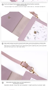 Detail view of purple lychee grain leather, floral pattern and gold snap buckle closure