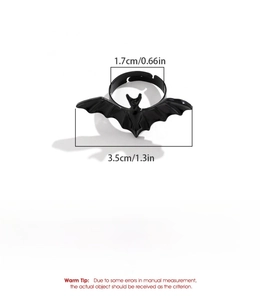 Macro view of Gothic bat ring showing 1.7cm inner diameter and 3.5cm wingspan details