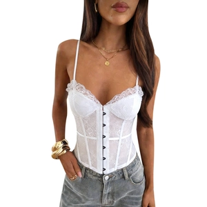 White lace corset top with sheer mesh panels and front hook closure for women