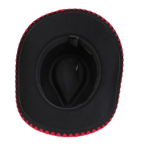 Detail of black cowboy hat interior with red zigzag stitching and cotton blend material