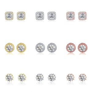 Three-style stud earrings collection in silver, gold, and rose gold with zircon stones