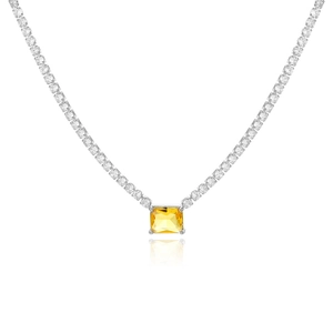 Silver-plated tennis chain necklace featuring a vibrant yellow square zircon centerpiece