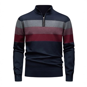Slim fit men's half-zip knit sweater with horizontal color block stripes in navy and red