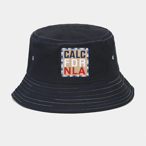 Detail of black denim bucket hat with California embroidery and blue contrast stitching