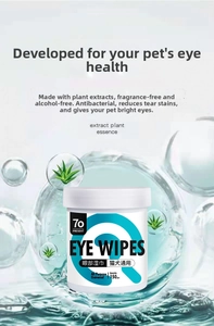 Detail of 150pcs pet eye wipes in white jar featuring aloe vera leaf and water drops