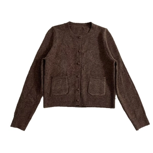 Minimalist dark brown knit cardigan with crew neck and button front for women