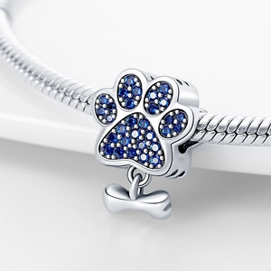 925 Sterling Silver Charm Bead Pet Dog Paw Print Blue Zircon With Hanging Bone Pendant For DIY Bracelet Necklace