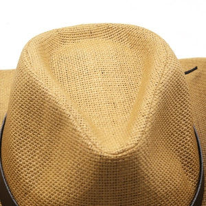 Close-up of tightly woven straw texture and dark brown leather band on Panama hat