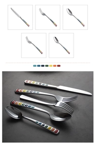 Detailed close-up of 5-piece stainless steel cutlery set with colorful mosaic handles