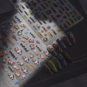 3D embossed nail art stickers with traditional Chinese talisman charms and floral patterns
