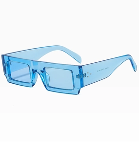 Detail view of retro square blue transparent sunglasses with silver rivets on frame