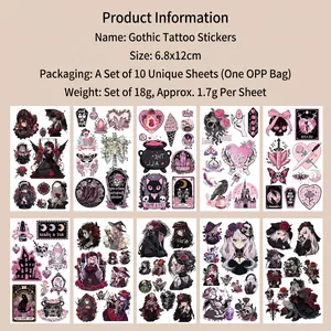 Detailed grid view of 10 gothic cartoon tattoo stickers featuring roses and skulls