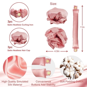 Set bigodini senza calore in raso rosa con cuffie e rulli per capelli lunghi e mossi