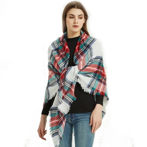 Classic plaid cashmere-like warm scarf with tassels and colorful grid pattern