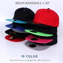 Flat brim snapback hats in 14 colors showing two-tone design with laser sticker