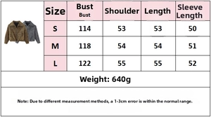 Size guide with bust and sleeve measurements for the long sleeve bomber jacket