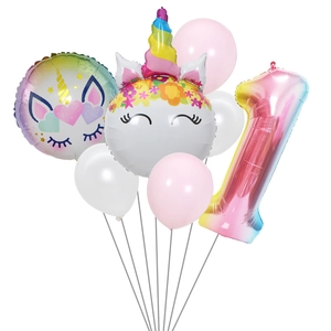 Detailed set of unicorn and rainbow balloons for a baby's first birthday celebration party