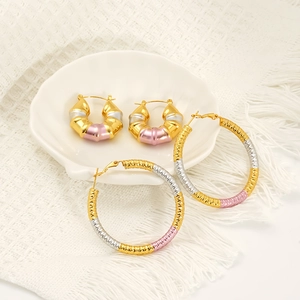 Three-tone titanium steel hoop earrings set with bamboo texture and large round designs