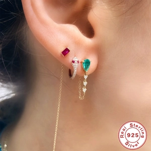 S925 sterling silver drop earrings with colorful zircon and tassels for women