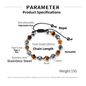 Detail showing 8mm tiger eye and hematite beads with adjustable rope on steel bracelet