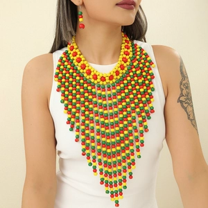 Afrikanische Ethnische Holzperlen Halskette Ohrringe Stammes Mehrlagige Fransen Statement Schmuck Für Damen Bohemian Übergroße Festival