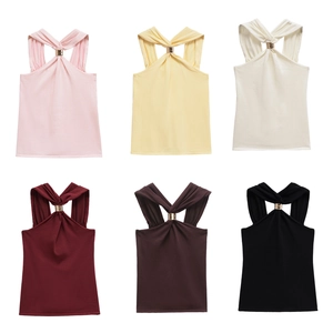 Knitted halter neck top with gold metal ring available in six vibrant colors