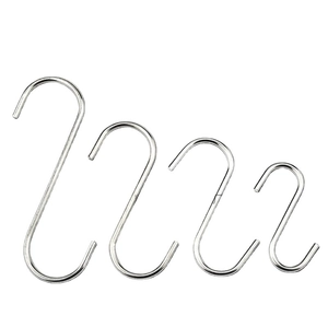 Set of four heavy duty stainless steel S-shaped hooks in various sizes on white background